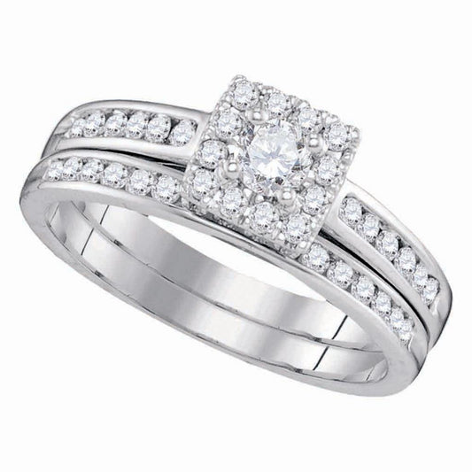 14k White Gold Round Diamond Square Cluster Bridal Wedding Ring Set 5/8 Cttw