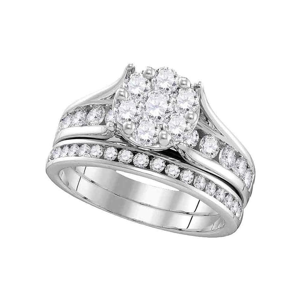 14k White Gold Round Diamond Cluster Bridal Wedding Ring Set 1-1/2 Cttw