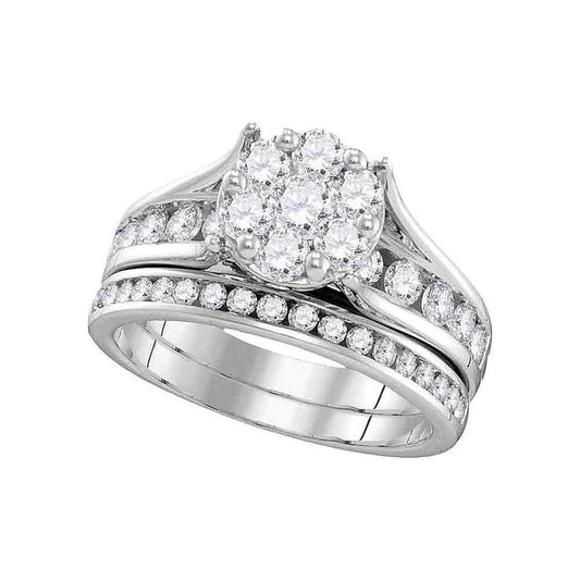 14k White Gold Round Diamond Cluster Bridal Wedding Ring Set 1-1/2 Cttw