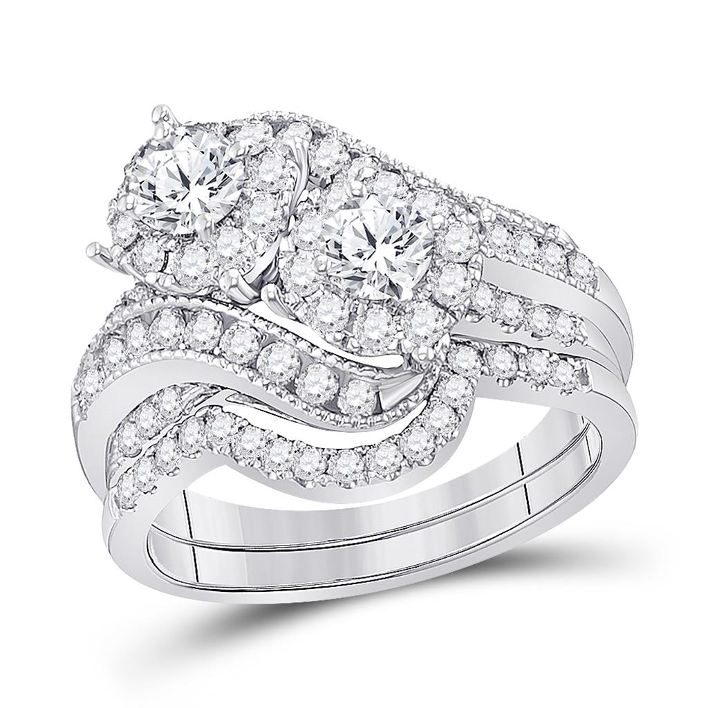 14k White Gold Round Diamond Bridal Wedding Ring Set 1-1/2 Cttw (Certified)