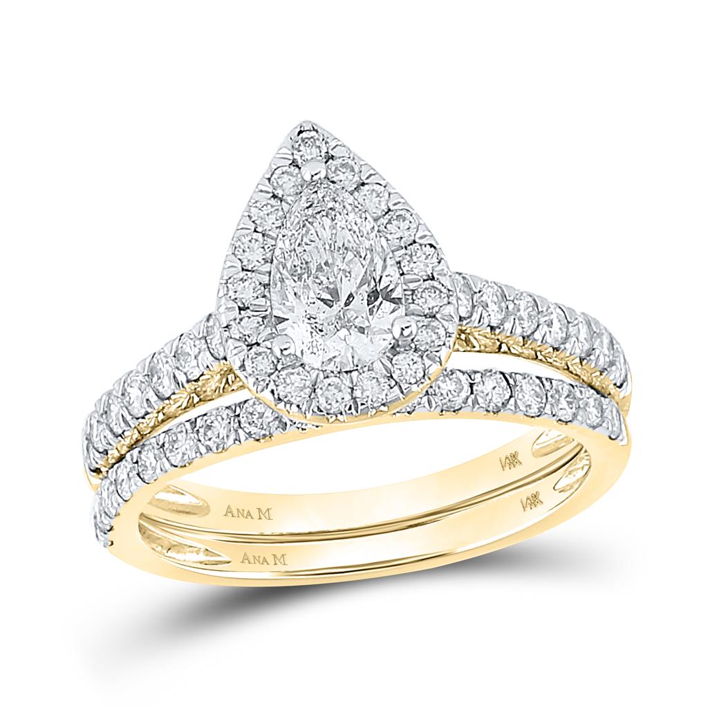14k Yellow Gold Pear Diamond Halo Bridal Wedding Ring Set 1-1/2 Cttw (Certified)