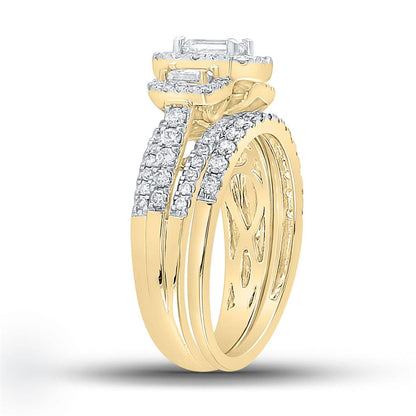 14k Yellow Gold Emerald Diamond 3-Stone Bridal Wedding Ring Set 1-1/2 Cttw (Certified)