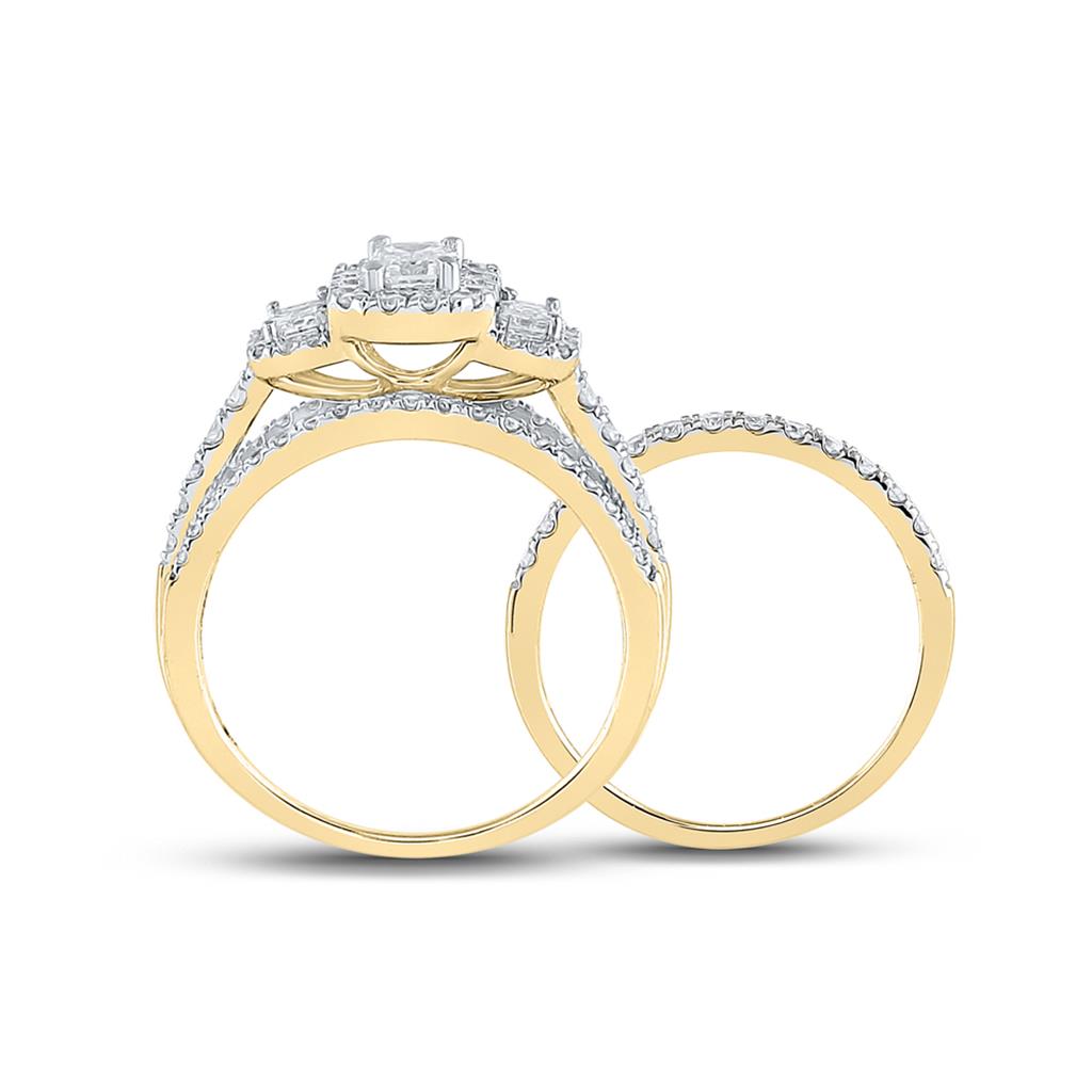 14k Yellow Gold Emerald Diamond 3-Stone Bridal Wedding Ring Set 1-1/2 Cttw (Certified)