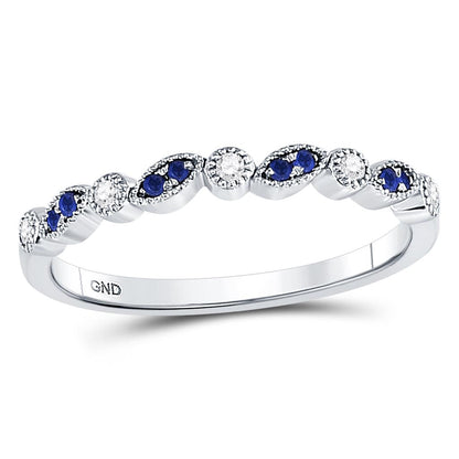 14k White Gold Round Blue Sapphire Diamond Stackable Band Ring 1/10 Cttw