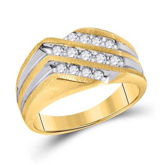 10k Two-tone Gold Round Diamond Diagonal 3 Row Fashion Ring 1/2 Cttw