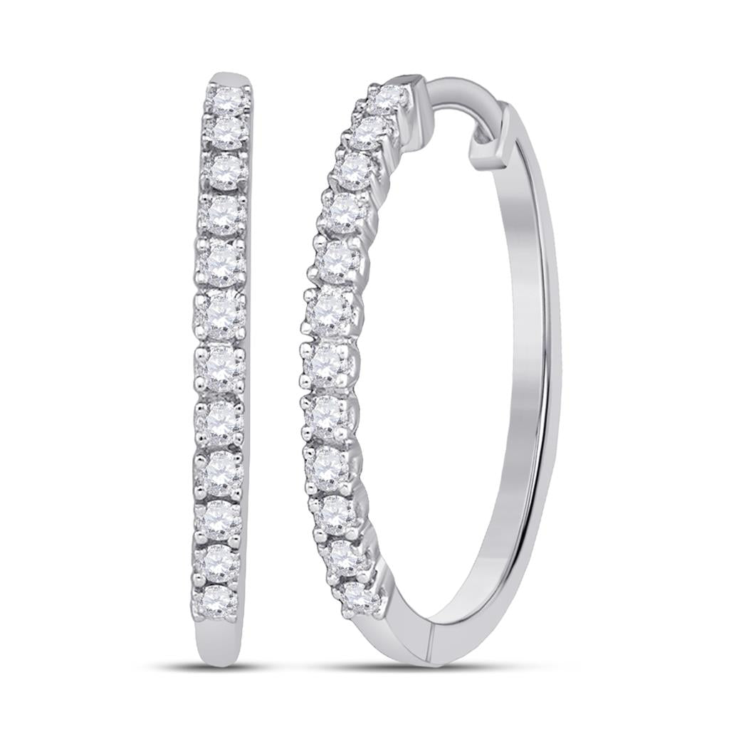 14k White Gold Round Diamond Slender Single Row Hoop Earrings 1/4 Cttw