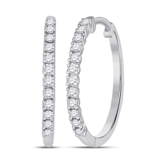 14k White Gold Round Diamond Slender Single Row Hoop Earrings 1/4 Cttw