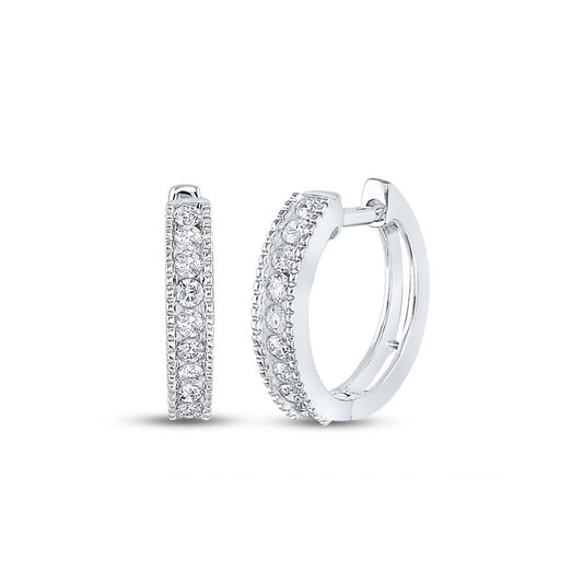 14k White Gold Round Diamond Milgrain Hoop Earrings 1/4 Cttw