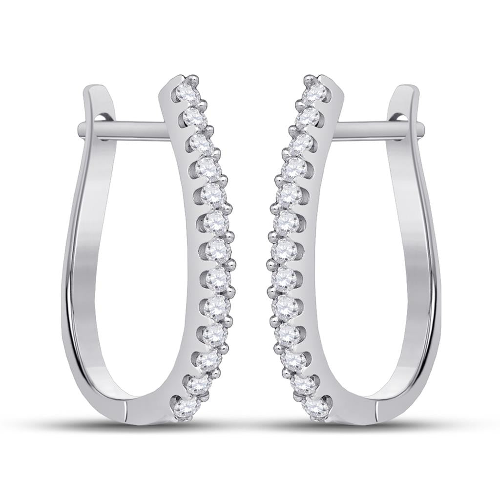14k White Gold Round Diamond Oblong Hoop Earrings 1/4 Cttw