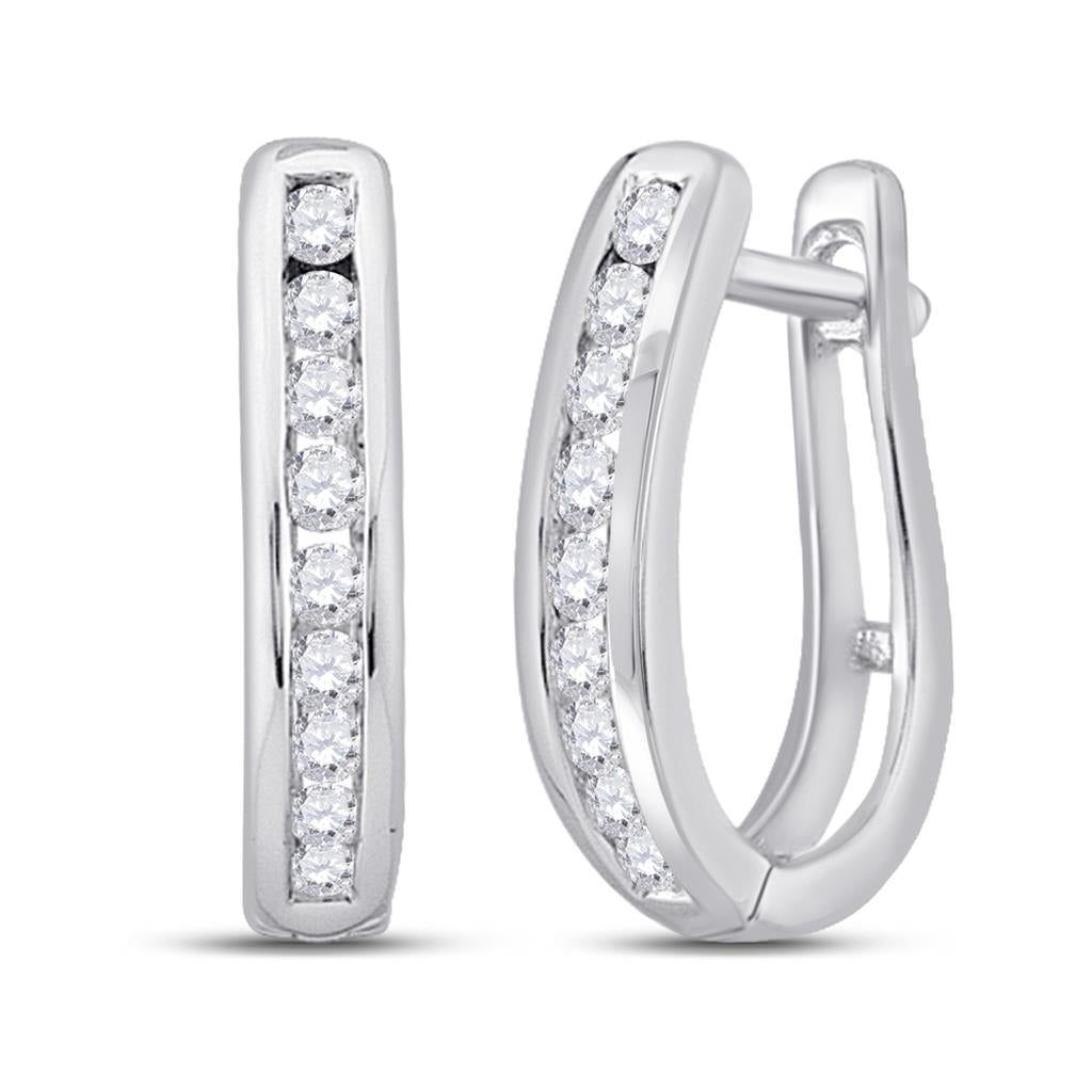 14k White Gold Round Diamond Oblong Hoop Earrings 1/4 Cttw