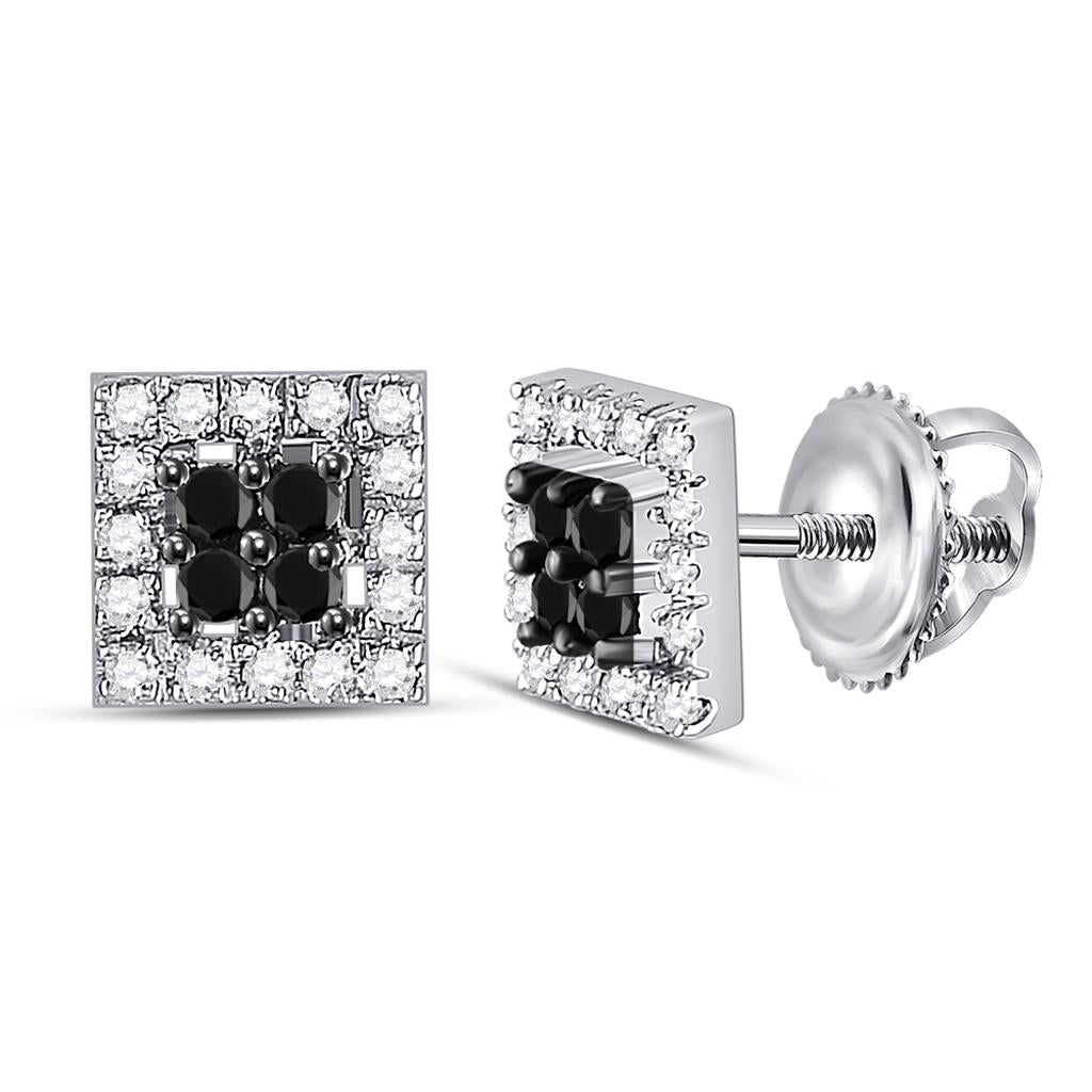 14k White Gold Round Black Diamond Square Earrings 1/3 Cttw