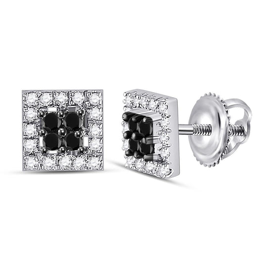 14k White Gold Round Black Diamond Square Earrings 1/3 Cttw