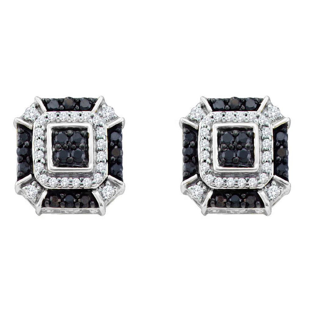 14k White Gold Round Black Diamond Square Earrings 1/2 Cttw