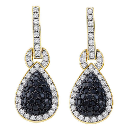 14k Yellow Gold Round Black Diamond Dangle Earrings 1-3/4 Cttw