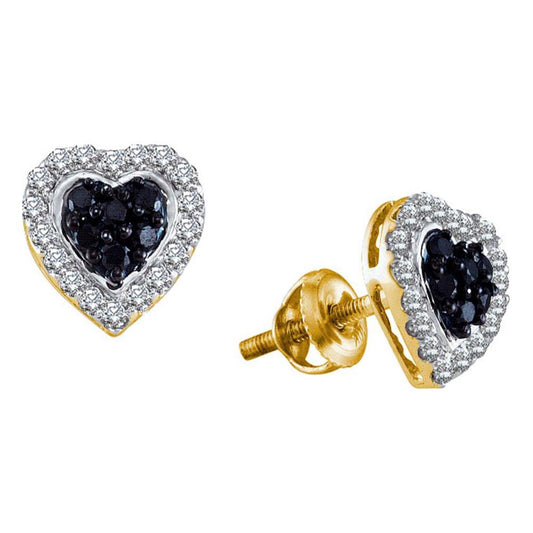 14k Yellow Gold Round Black Diamond Heart Earrings 1/3 Cttw