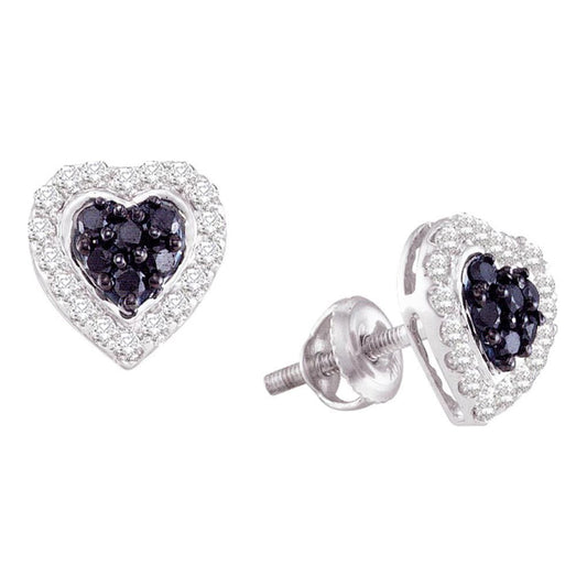 14k White Gold Round Black Diamond Heart Earrings 1/3 Cttw