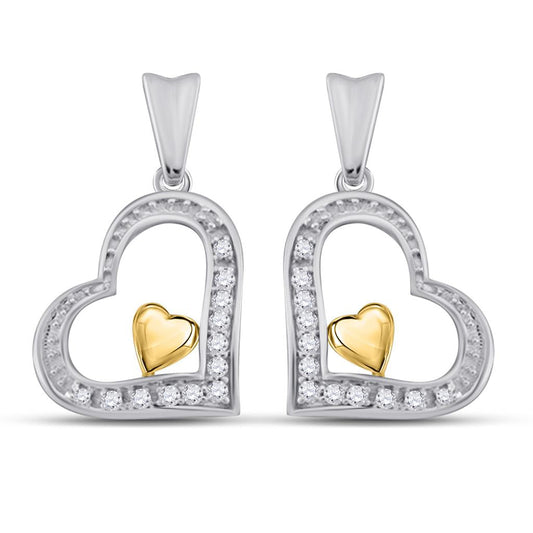 14k White Gold Round Diamond Two-tone Heart Dangle Earrings 1/10 Cttw