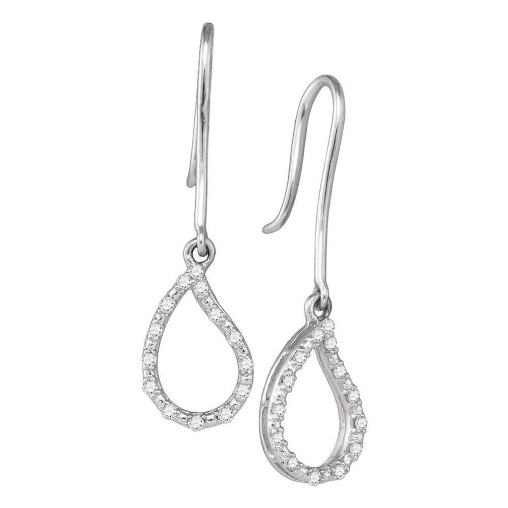 14k White Gold Round Diamond Teardrop Outline Wire Dangle Earrings 1/6 Cttw