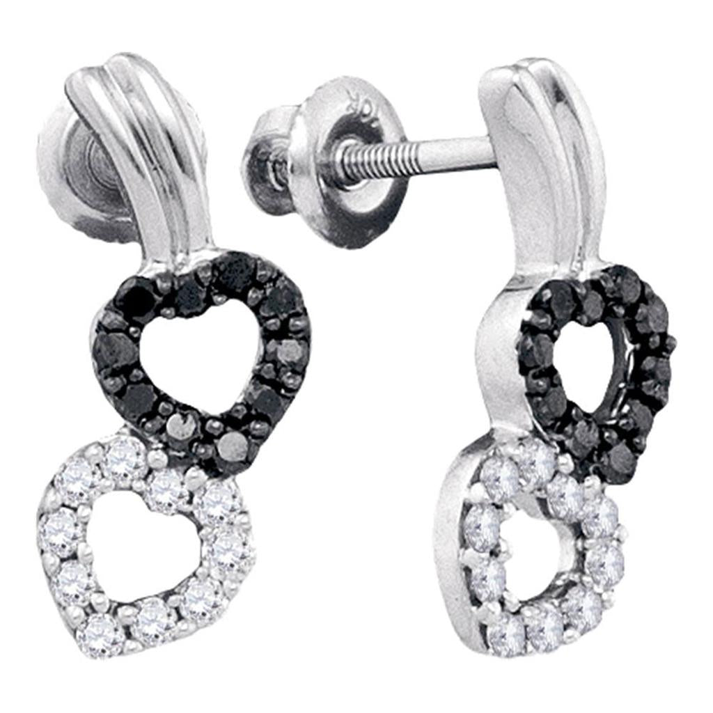 14k White Gold Round Black Diamond Heart Earrings 1/3 Cttw