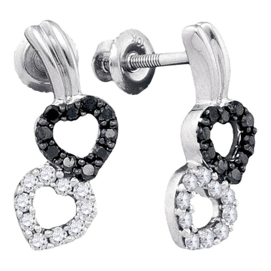 14k White Gold Round Black Diamond Heart Earrings 1/3 Cttw