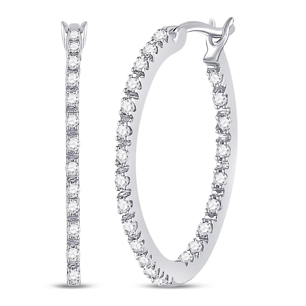 14k White Gold Round Diamond Slender Single Row Hoop Earrings 1/4 Cttw