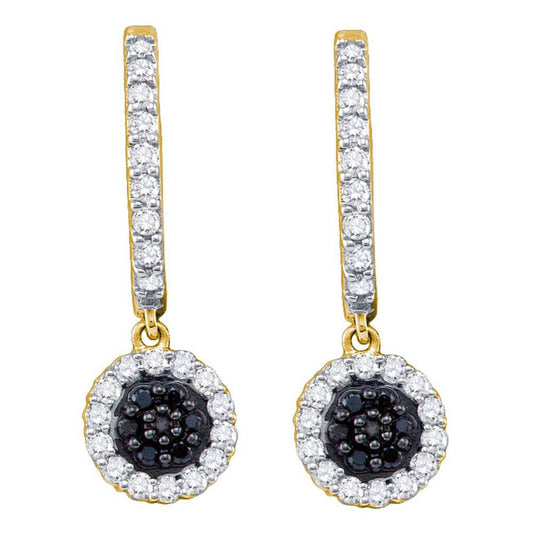 14k Yellow Gold Round Black Diamond Dangle Earrings 1/2 Cttw