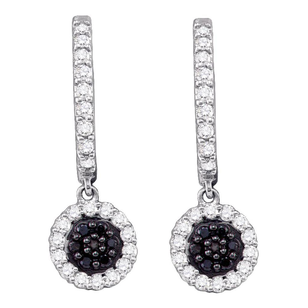14k White Gold Black Diamond Hoop Flower Cluster Dangle Earrings 1/2 Cttw