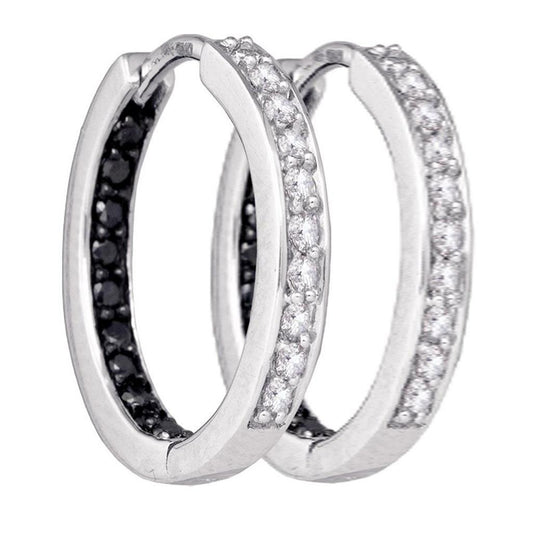 14k White Gold Black Diamond Inside Outside Hoop Earrings 1/2 Cttw