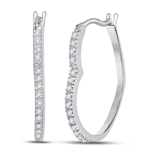 14k White Gold Round Diamond Heart Hoop Earrings 1/8 Cttw