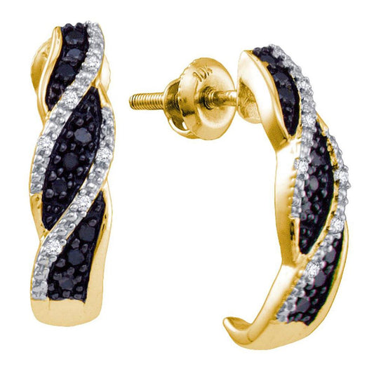 10k Yellow Gold Round Black Diamond J Hoop Earrings 1/6 Cttw