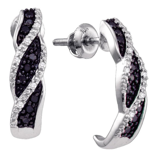 14k White Gold Round Black Diamond J Hoop Earrings 1/6 Cttw