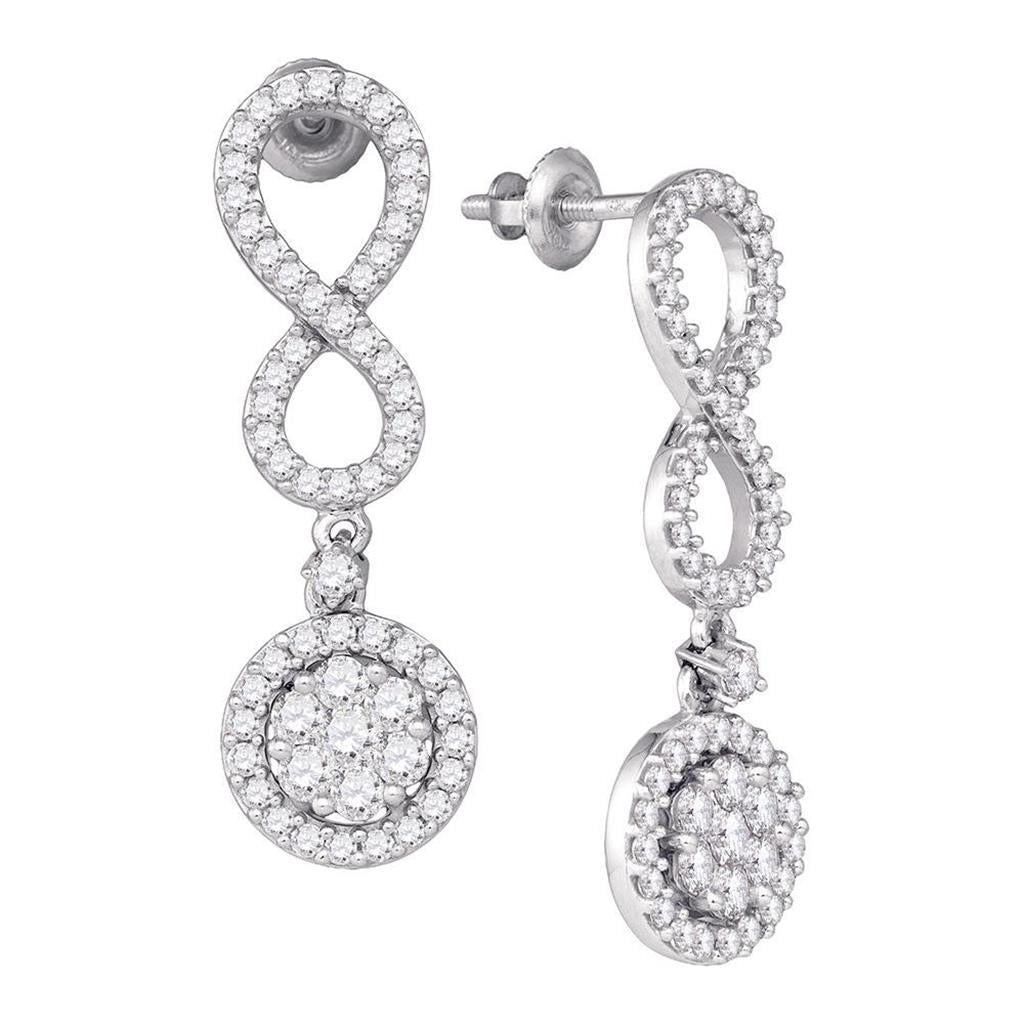 14k White Gold Round Diamond Cluster Dangle Infinity Earrings 1-1/3 Cttw