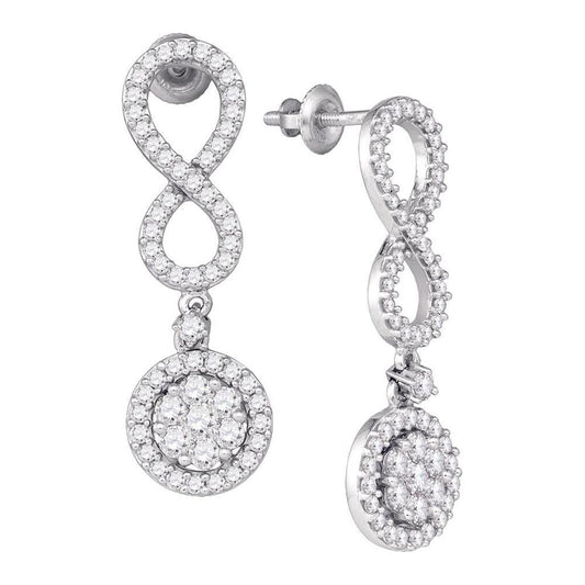 14k White Gold Round Diamond Cluster Dangle Infinity Earrings 1-1/3 Cttw