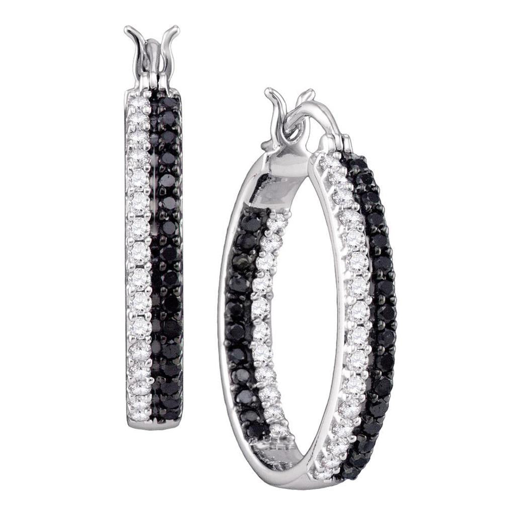 14k White Gold Round Black Diamond Hoop Earrings 1 Cttw