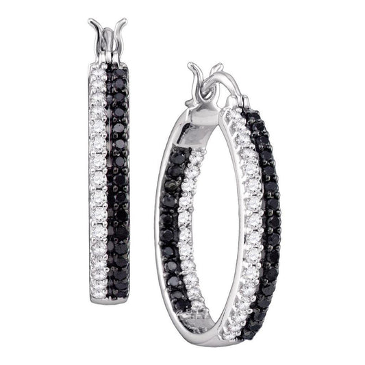 14k White Gold Round Black Diamond Hoop Earrings 1 Cttw