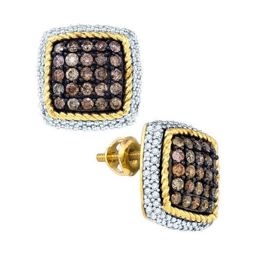 10k Yellow Gold Round Brown Diamond Rope Square Earrings 1-1/3 Cttw