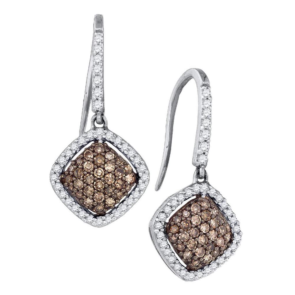 14k White Gold Brown Diamond Square Cluster Dangle Earrings 5/8 Cttw