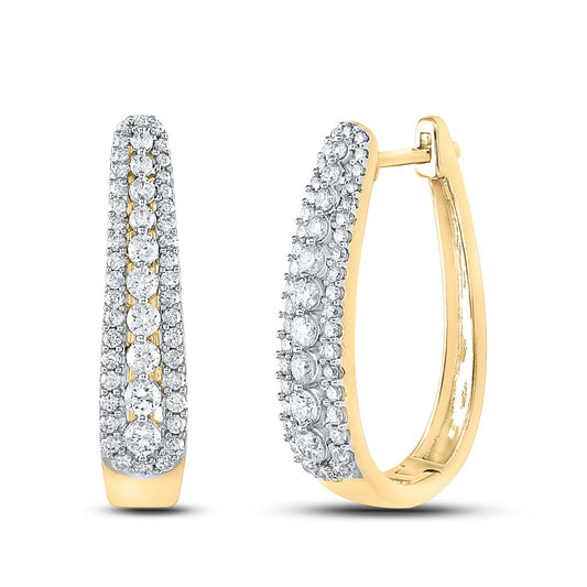 10k Yellow Gold Round Diamond Oblong Hoop Earrings 7/8 Cttw