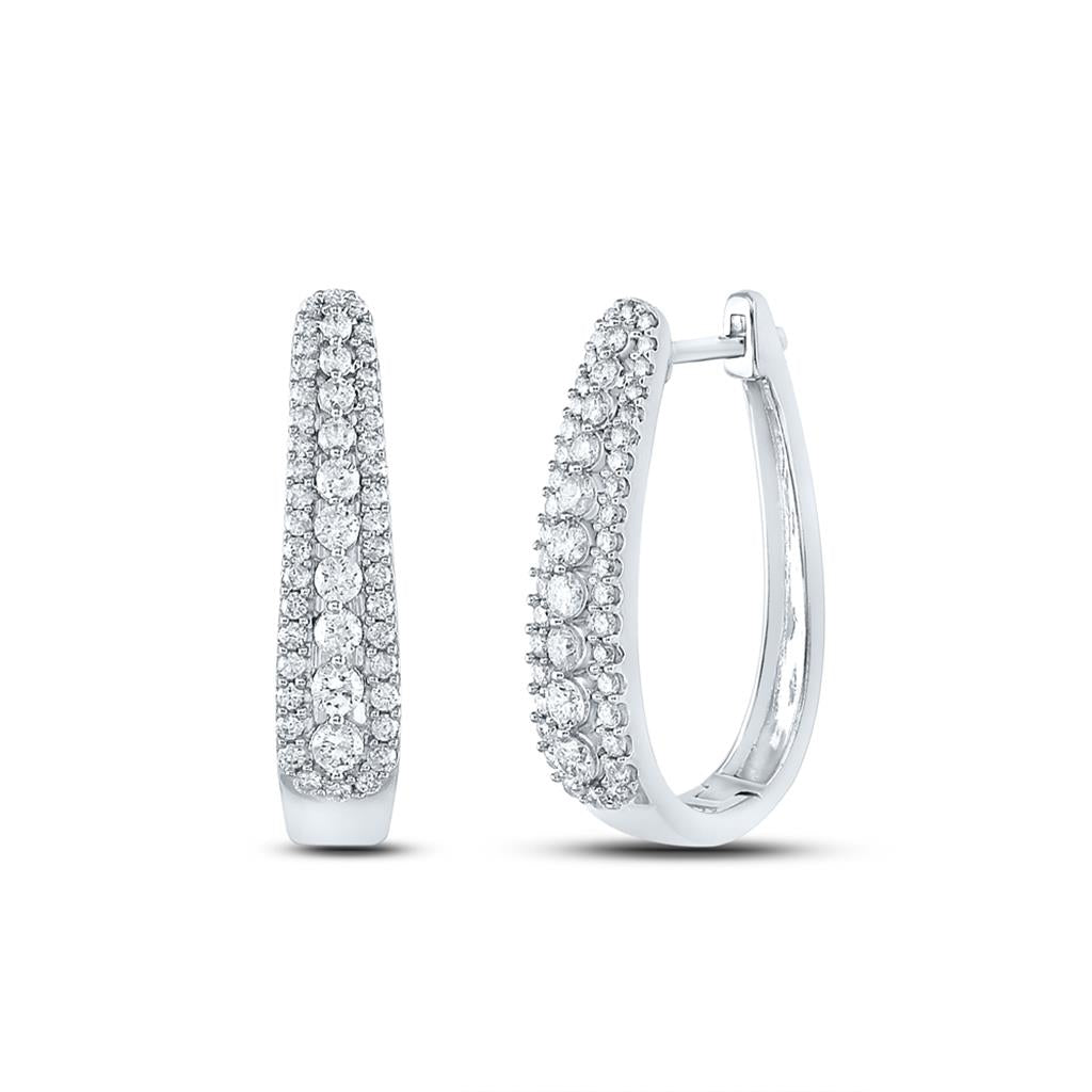 14k White Gold Round Diamond Oblong Hoop Earrings 7/8 Cttw