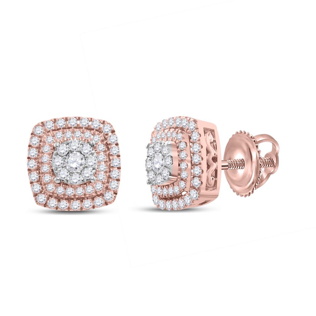 14k Rose Gold Round Diamond Cushion Cluster Stud Earrings 1 Cttw