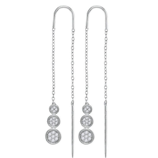 14k White Gold Round Diamond Triple Circle Cluster Threader Earrings 1/4 Cttw