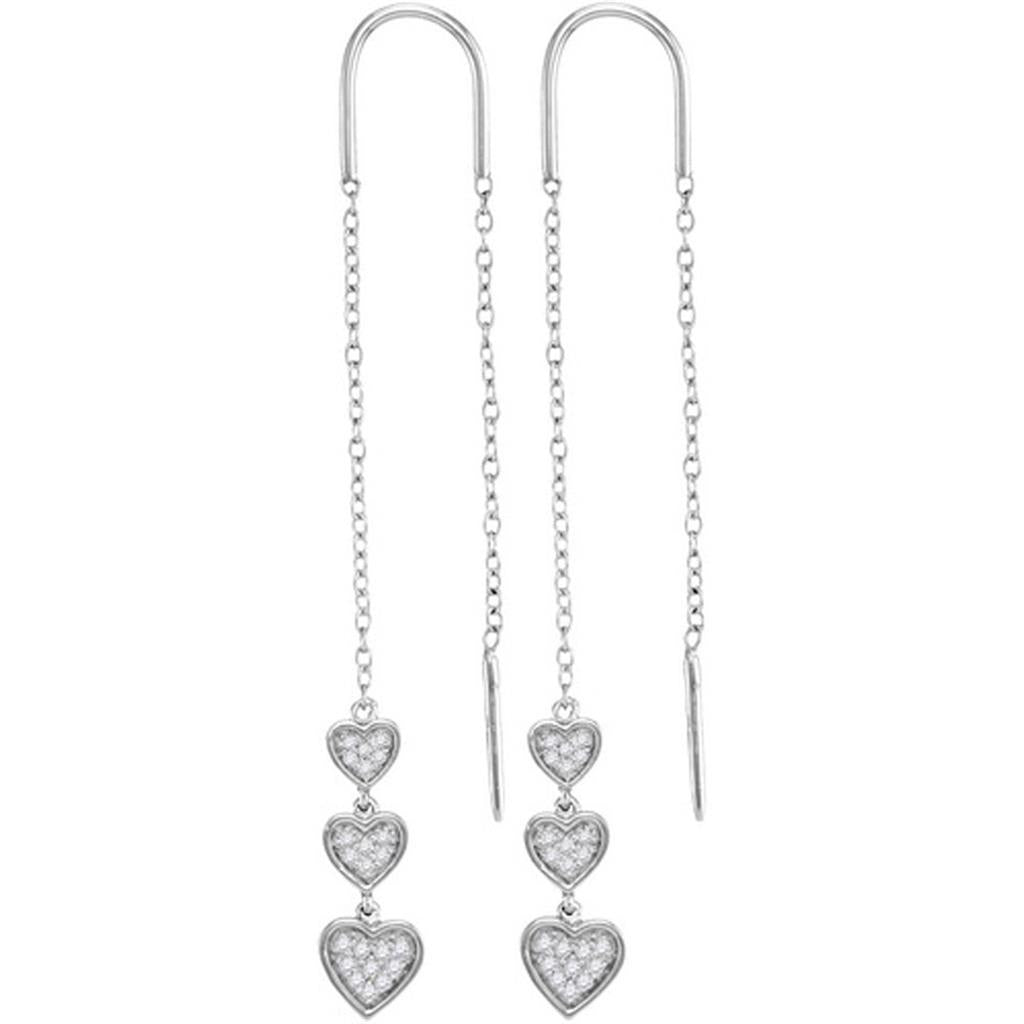 14k White Gold Round Diamond Triple Dangling Heart Threader Earrings 1/5 Cttw