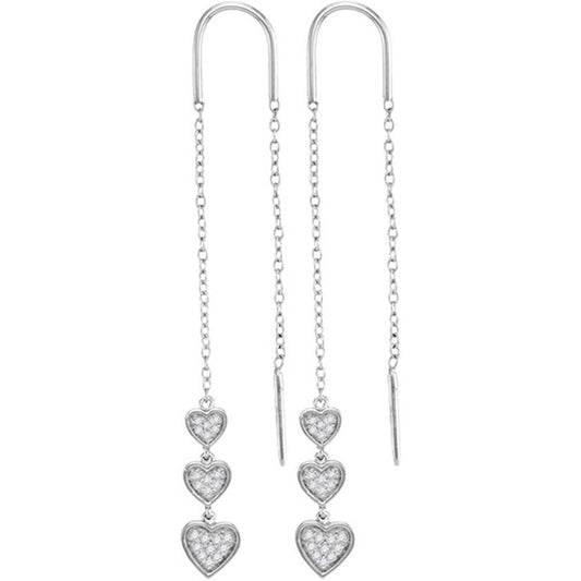 14k White Gold Round Diamond Triple Dangling Heart Threader Earrings 1/5 Cttw