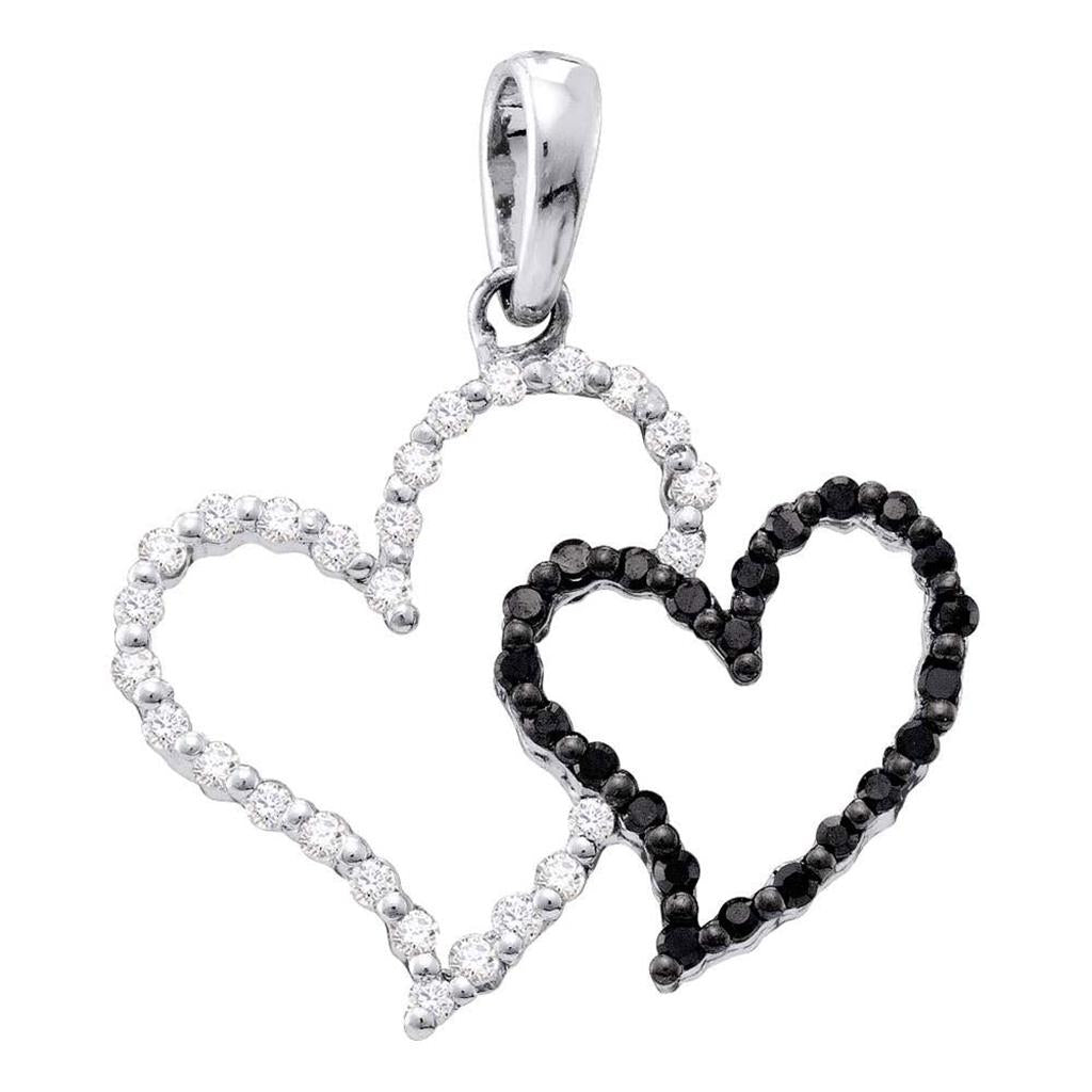 14k White Gold Black Diamond Double Contrast Heart Pendant 1/6 Cttw