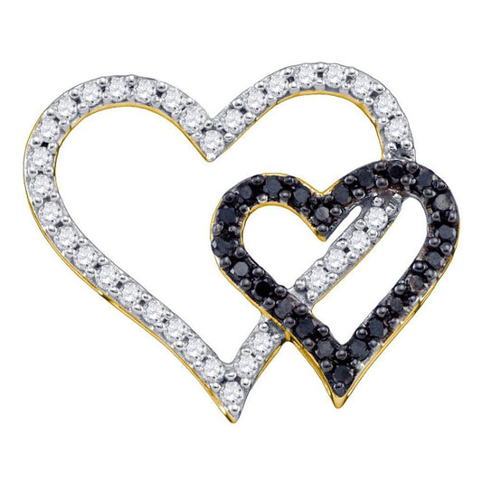 10k Yellow Gold Black Diamond Double Heart Pendant 1/2 Cttw