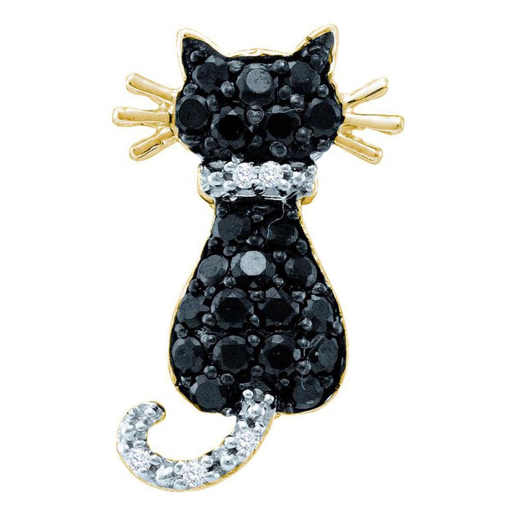 10k Yellow Gold Black Diamond Kitty Cat Feline Pendant 1/3 Cttw