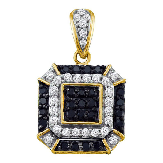10k Yellow Gold Round Black Diamond Square Pendant 1/2 Cttw