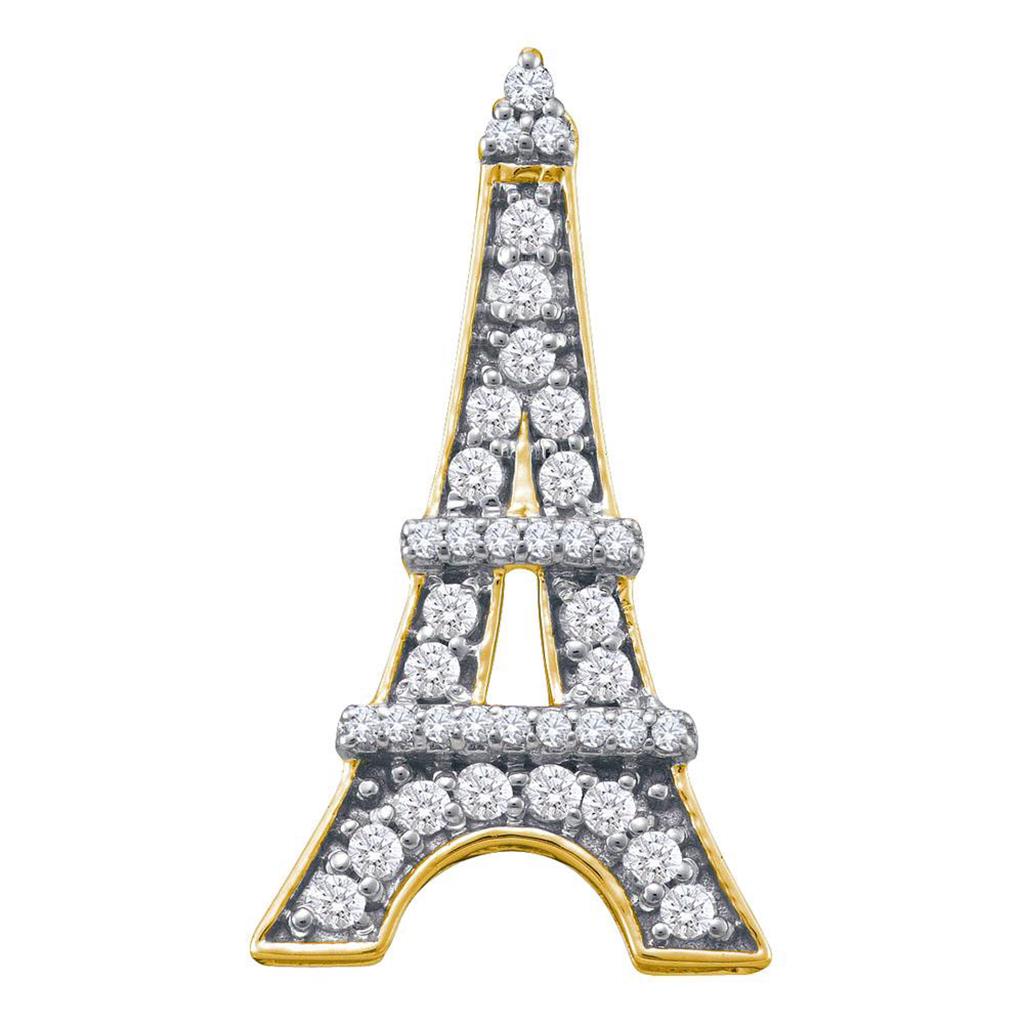 10k Yellow Gold Round Diamond Eiffel Tower France Pendant 1/3 Cttw