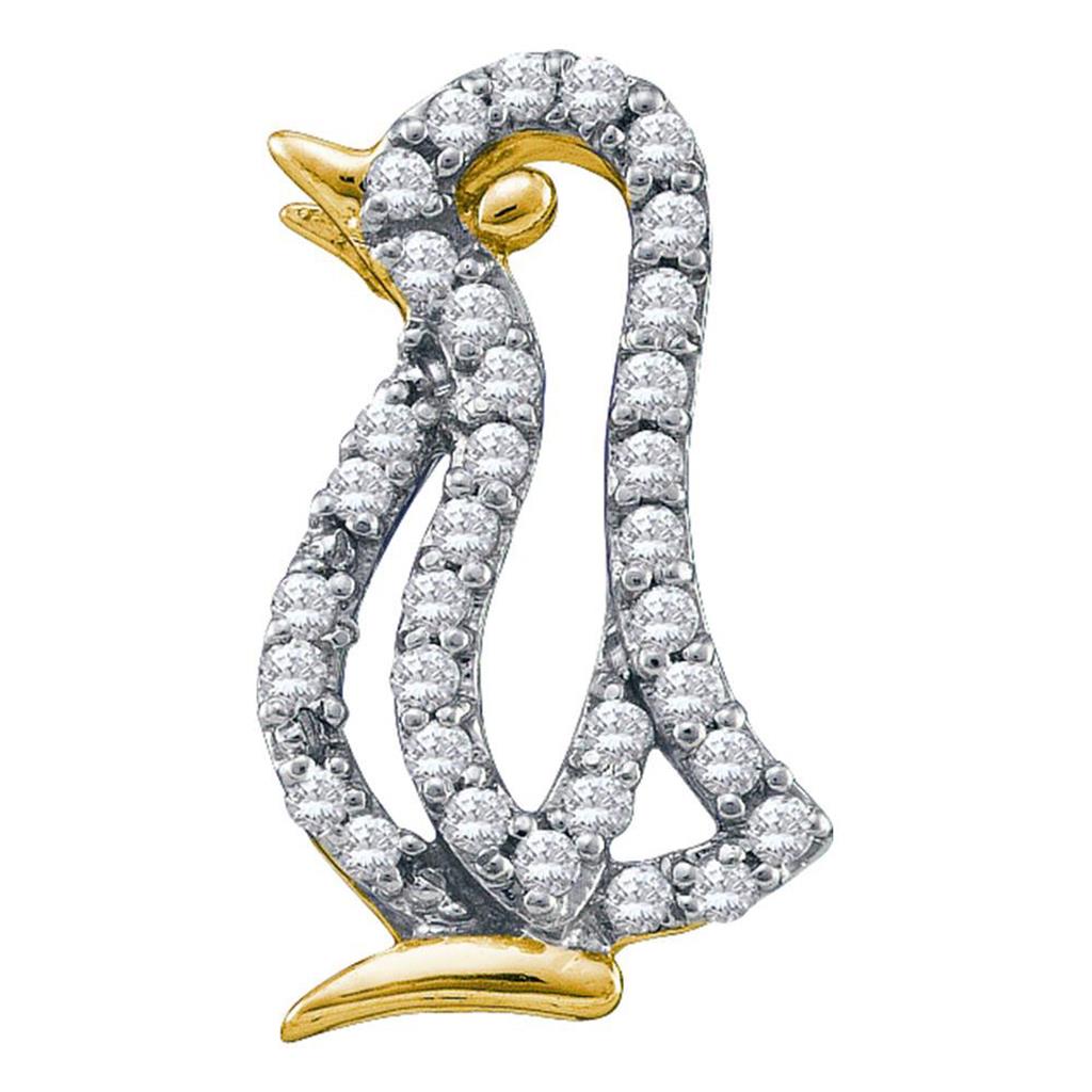 10k Yellow Gold Round Diamond Penguin Bird Animal Pendant 1/6 Cttw