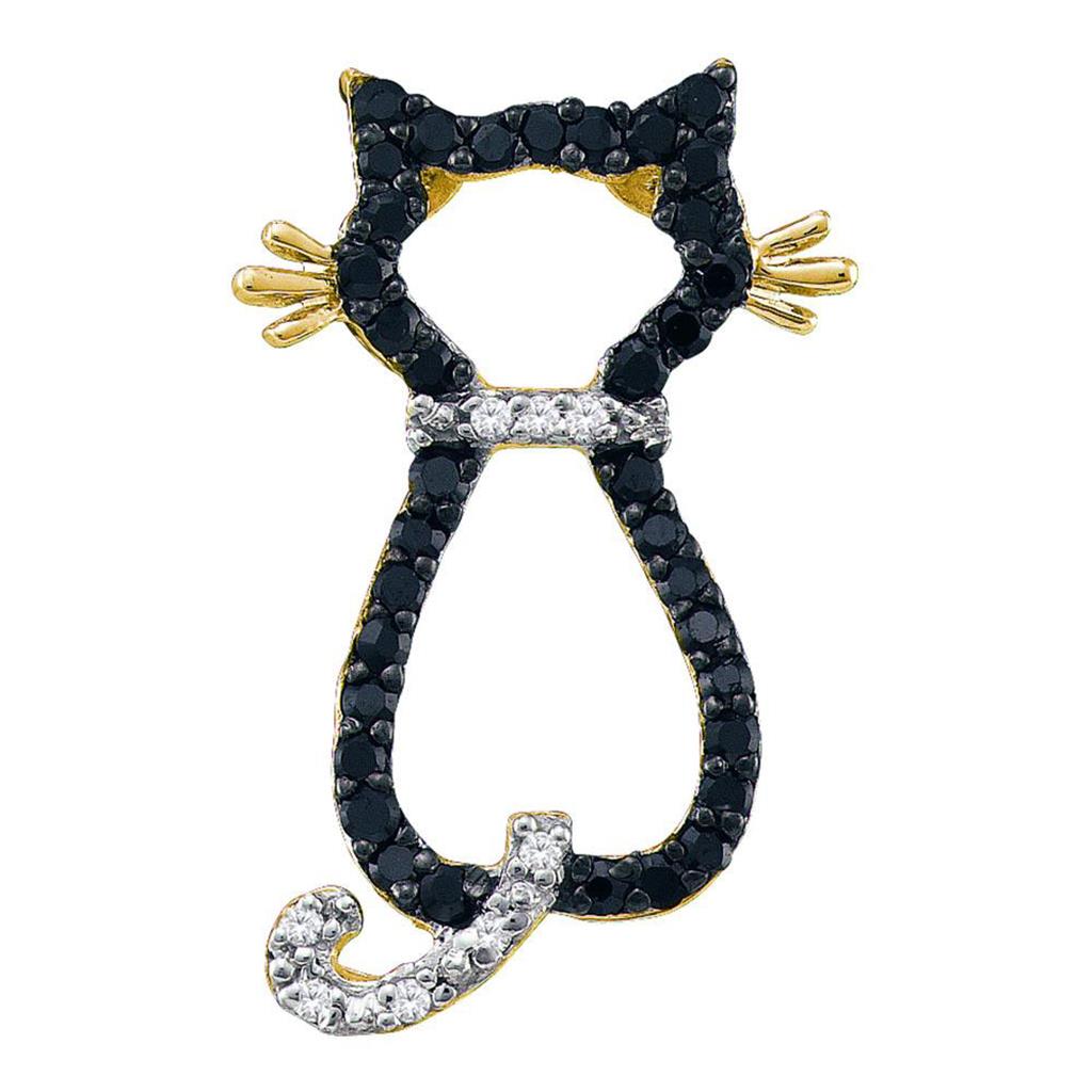 14k Yellow Gold Round Black Diamond Kitty Cat Fashion Pendant 1/5 Cttw